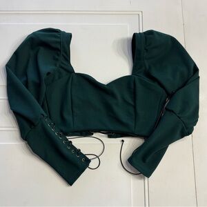 Stel Kaster Women’s Sz M Dark Green Lace Up Long Sleeve Crop Top Blouse Shirt